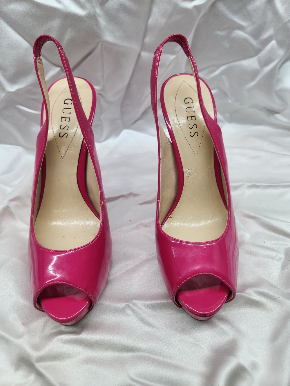 GUESS Hot Pink Patent Peep-Toe Slingback Heels
